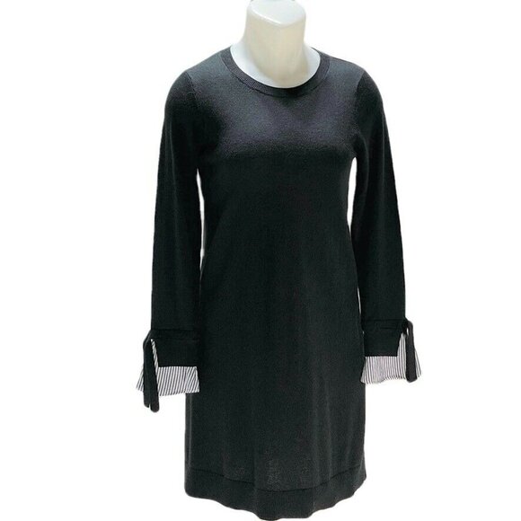 Ann Taylor Loft Black Long Sleeve Dress With Striped Cuffs & Ties - Picture 8 of 8